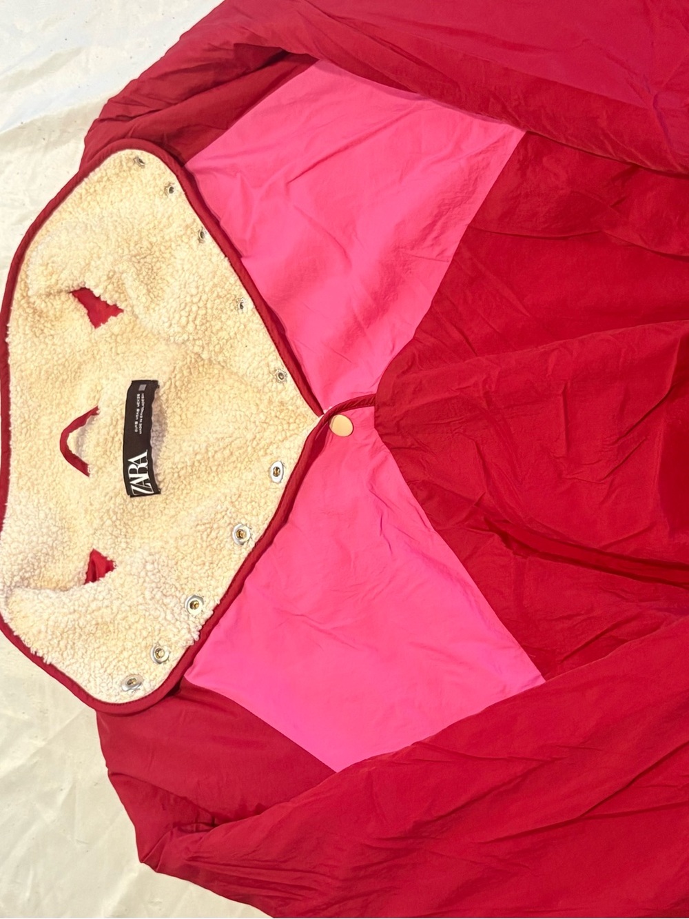ZARA Red and Pink Sherpa-Lined Puffer Jacket